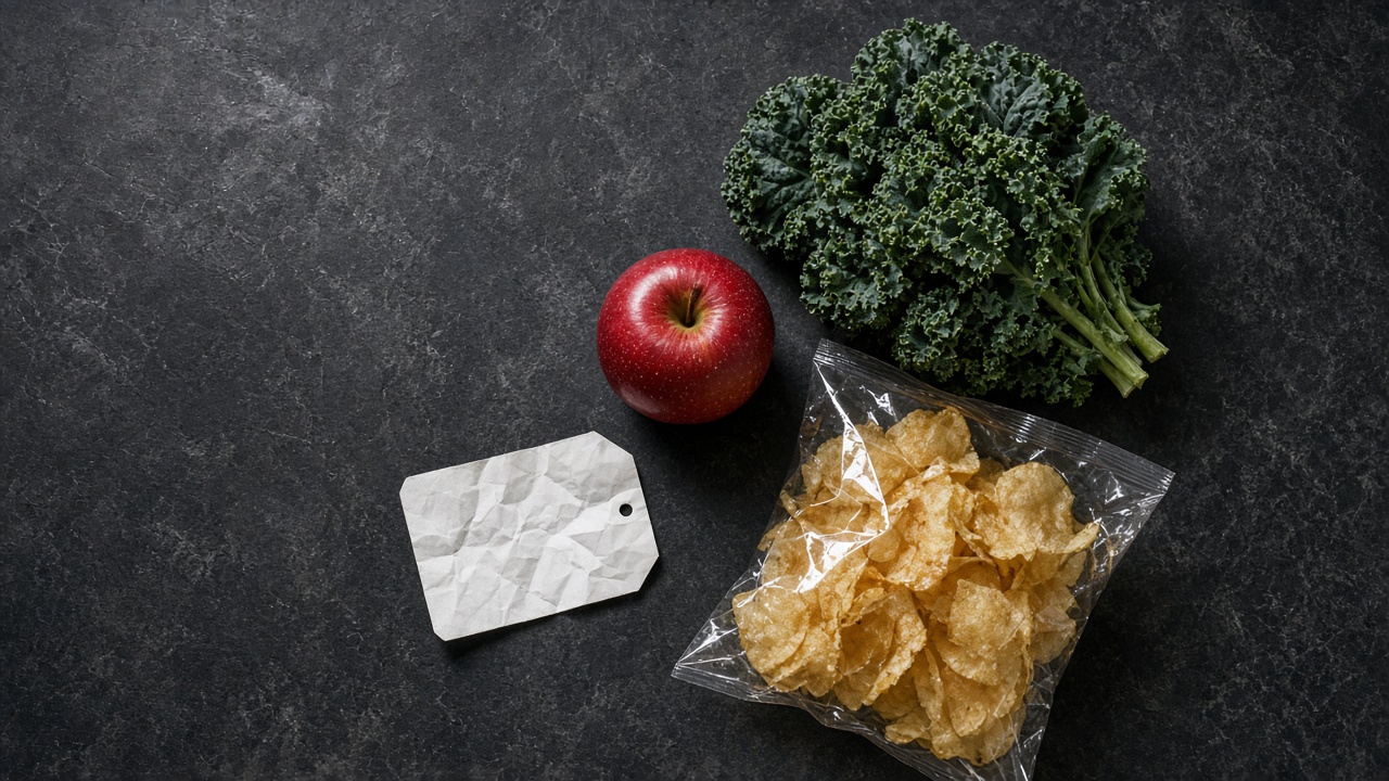 Grocery staples and a folded sale tag on a dark checkout counter